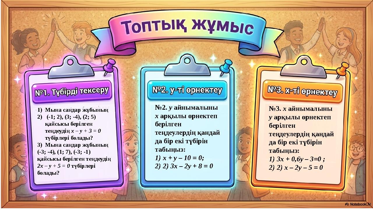1)Мына сандар жұбының 2) (-1; 2), (3; -4), (2; 5) қайсысы берілген теңдеудің х – у + 3 = 0 түбірлері болады? 3)Мына сандар жұ