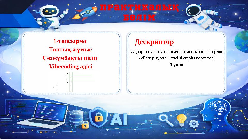 1-тапсырма Топтық жұмыс Сөзжұмбақты шеш Vibecoding әдісі Ақпараттық технологиялар мен компьютерлік жүйелер туралы түсініктері