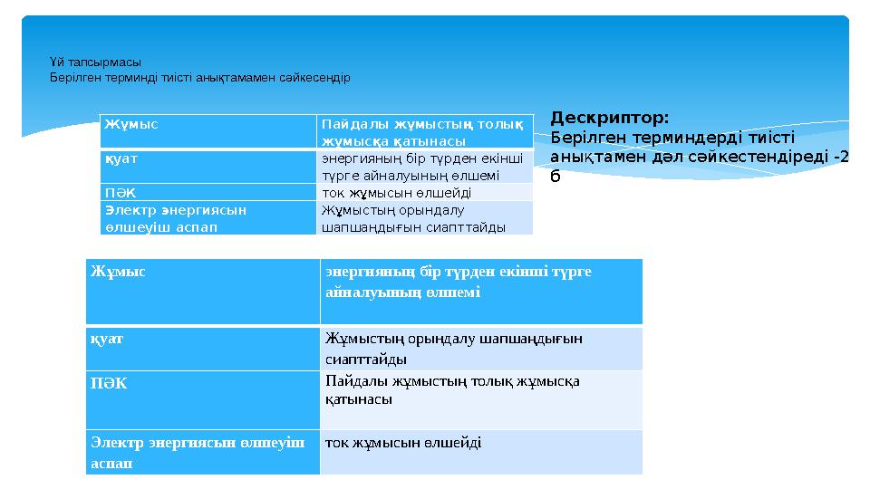 Жұмыс Пайдалы жұмыстың толық жұмысқа қатынасы қуат энергияның бір түрден екінші түрге айналуының өлшемі ПӘК ток жұмысын өлшей