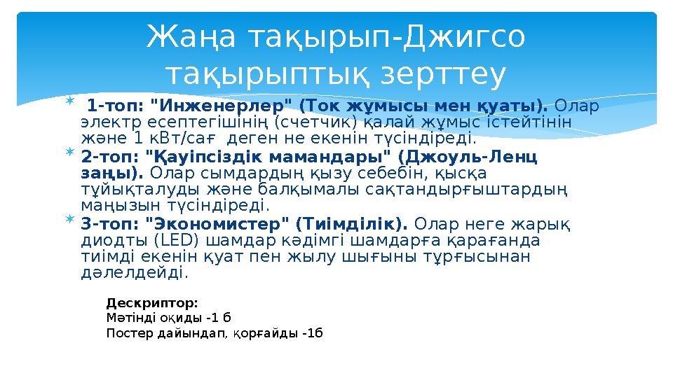  1-топ: "Инженерлер" (Ток жұмысы мен қуаты). Олар электр есептегішінің (счетчик) қалай жұмыс істейтінін және 1 кВт/сағ деге