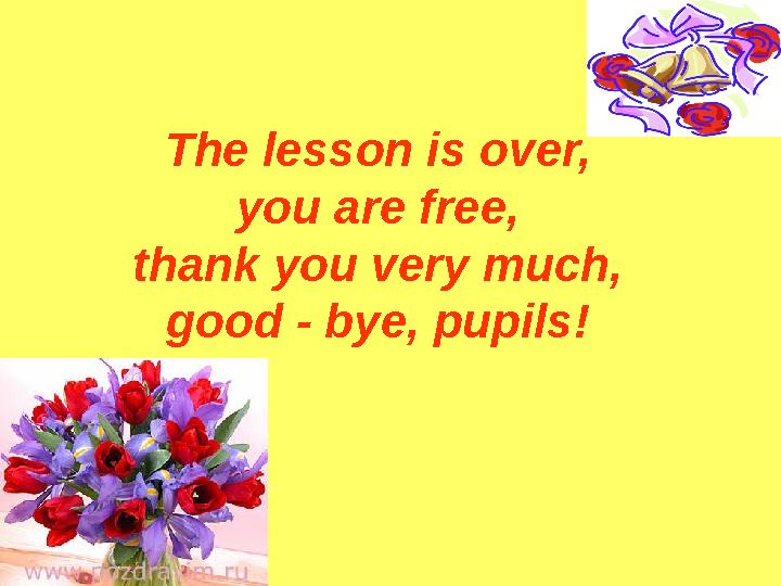 The lesson is over, you are free, thank you very much, good - bye, pupils!