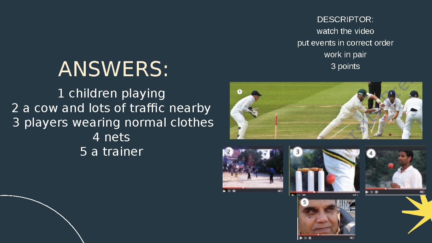 ANSWERS: 1 children playing 2 a cow and lots of traffic nearby 3 players wearing normal clothes 4 nets 5 a trainer DESCRIPTO