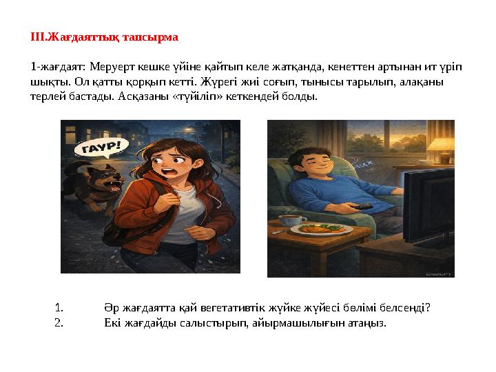ІІІ.Жағдаяттық тапсырма 1-жағдаят: Меруерт кешке үйіне қайтып келе жатқанда, кенеттен артынан ит үріп шықты. Ол қатты қорқып ке