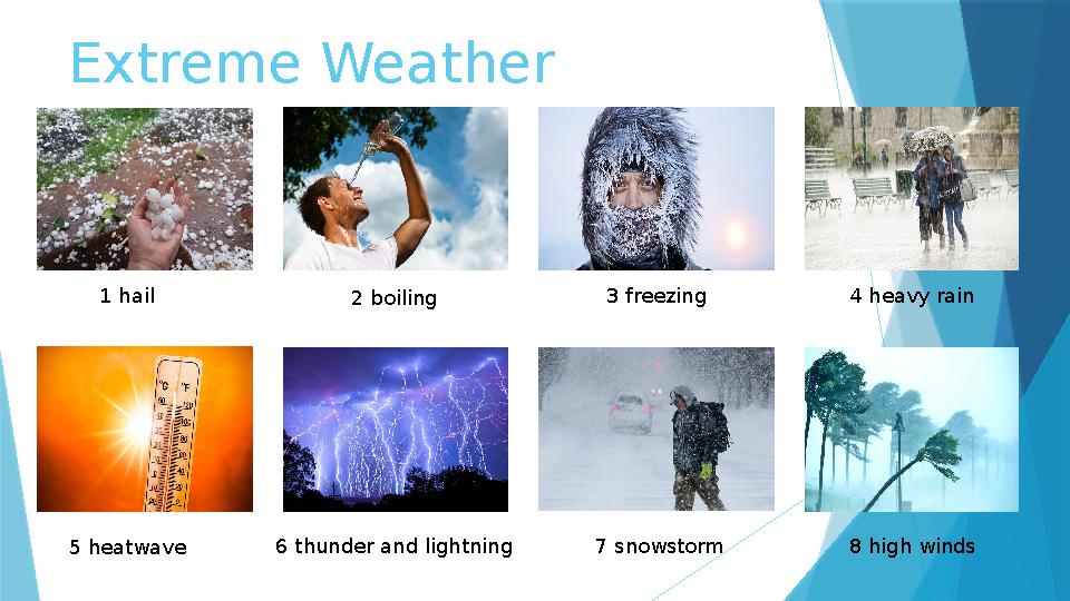Extreme Weather 1 hail 2 boiling 3 freezing 4 heavy rain 5 heatwave 6 thunder and lightning 7 snowstorm 8 high winds