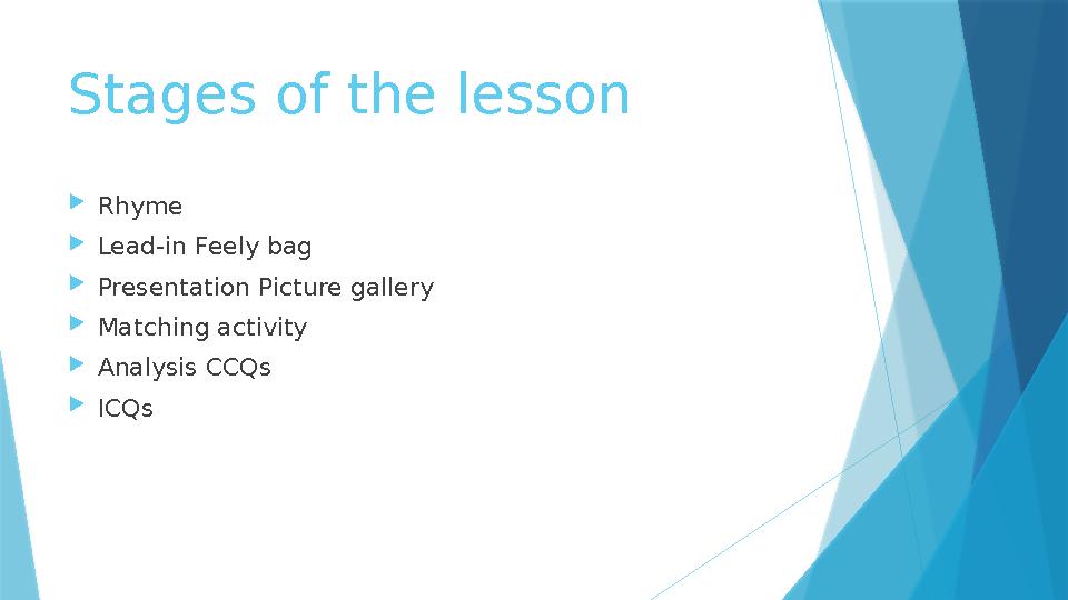 Stages of the lesson Rhyme Lead-in Feely bag Presentation Picture gallery Matching activity Analysis CCQs ICQs