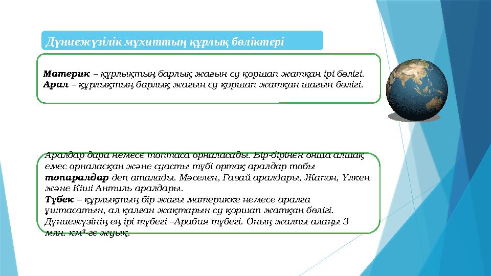 Дүниежүзілік мұхиттың құрлық бөліктері Материк – құрлықтың барлық жағын су қоршап жатқан ірі бөлігі. Арал – құрлықтың барлық жағ