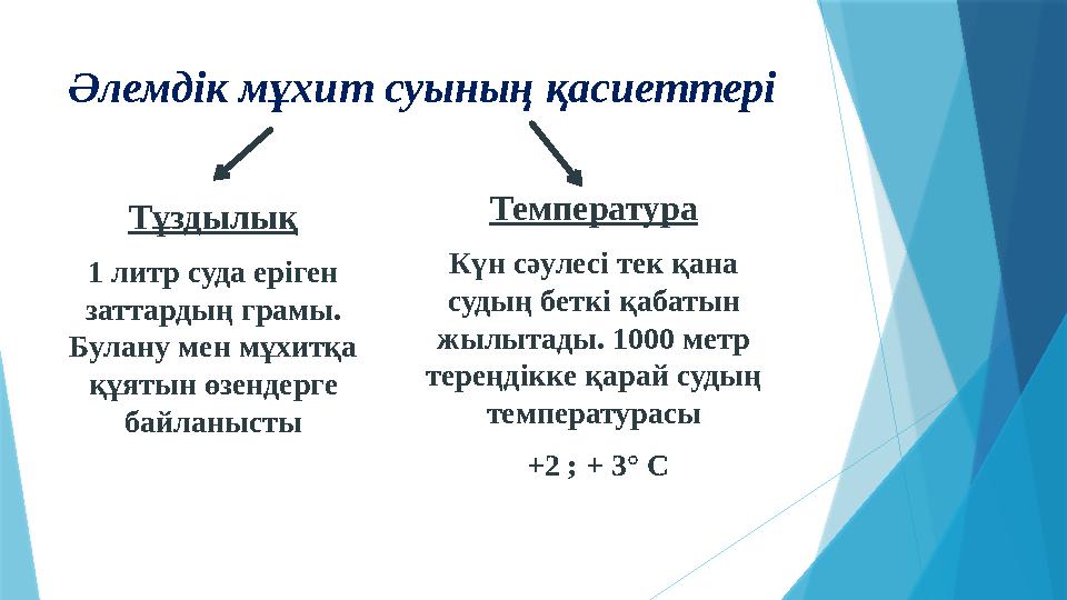 Әлемдік мұхит суының қасиеттері Тұздылық 1 литр суда еріген заттардың грамы. Булану мен мұхитқа құятын өзендерге байланысты