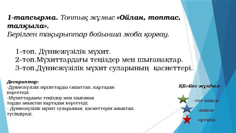 1-тапсырма. Топтық жұмыс «Ойлан, топтас, талқыла». Берілген тақырыптар бойынша жоба қорғау. 1-топ. Дүниежүзілік мұхит. 2-топ.Мұ
