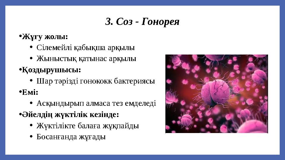 3. Соз - Гонорея •Жұғу жолы: •Сілемейлі қабықша арқылы •Жыныстық қатынас арқылы •Қоздырушысы: •Шар тәрізді гонококк бактериясы •