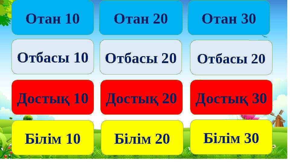 Отан 10 Отан 30Отан 20 Достық 30Достық 20Достық 10 Отбасы 10Отбасы 20Отбасы 20 Білім 10Білім 20Білім 30