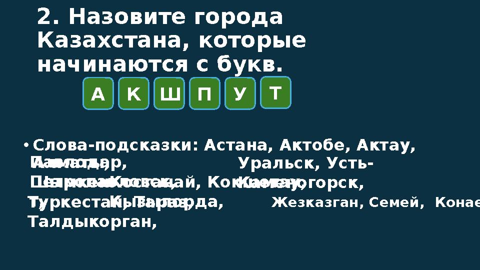 2. Назовите города Казахстана, которые начинаются с букв. •Слова-подсказки: Астана, Актобе, Актау, Алматы, АКШПУТ Павлодар,
