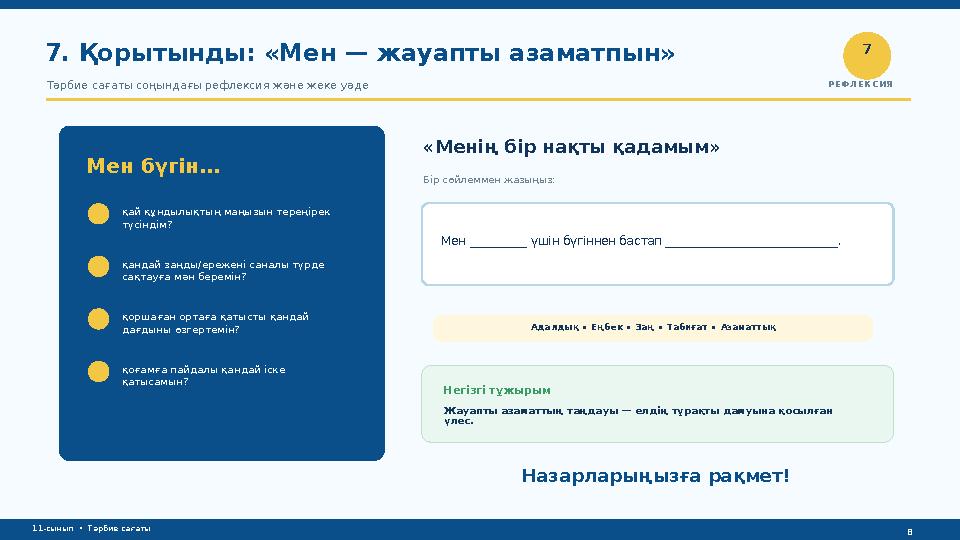 11-сынып • Тәрбие сағаты 7. Қорытынды: «Мен — жауапты азаматпын» Тәрбие сағаты соңындағы рефлексия және жеке уәде 7 РЕФЛЕКСИЯ