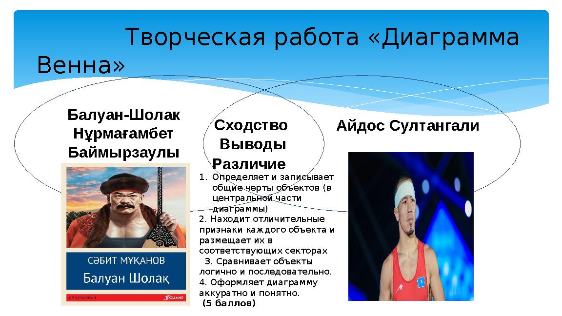 Творческая работа «Диаграмма Венна» Балуан-Шолак Нұрмағамбет Баймырзаулы Айдос СултангалиСходство Различие Выводы 1
