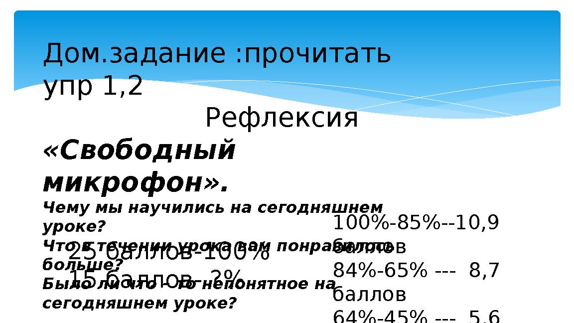 Дом.задание :прочитать упр 1,2 Рефлексия «Свободный микрофон». Чему мы научились на сегодняшнем уроке? Что