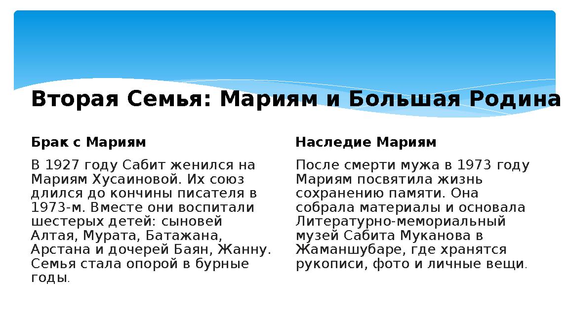 Вторая Семья: Мариям и Большая Родина Брак с Мариям В 1927 году Сабит женился на Мариям Хусаиновой. Их союз длился до кончины