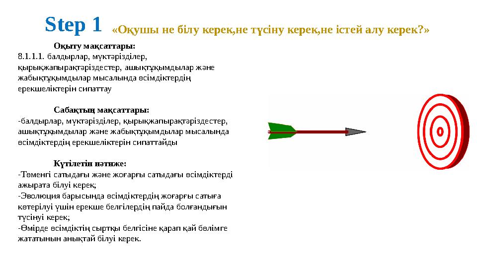 Оқыту мақсаттары: 8.1.1.1. балдырлар, мүктәрізділер, қырықжапырақтәріздестер, ашықтұқымдылар және жабықтұқымдылар мысалында өс