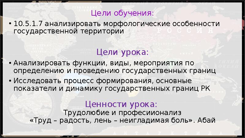 Цели обучения: •10.5.1.7 анализировать морфологические особенности государственной территории Цели урока: •Анализировать функци