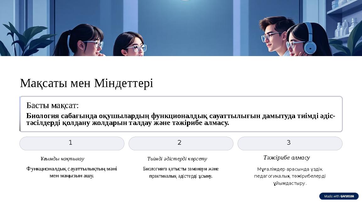 Мақсаты мен Міндеттері Басты мақсат: Биология сабағында оқушылардың функционалдық сауаттылығын дамытуда тиімді әдіс- тәсілдерді